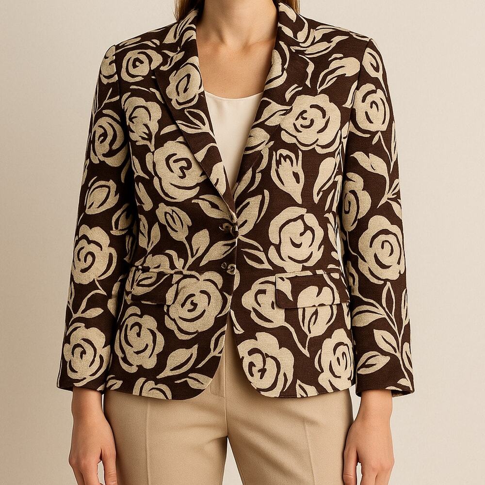Talbots Woman Floral Jacquard Blazer 12W Brown Cream Cotton Linen Jacket